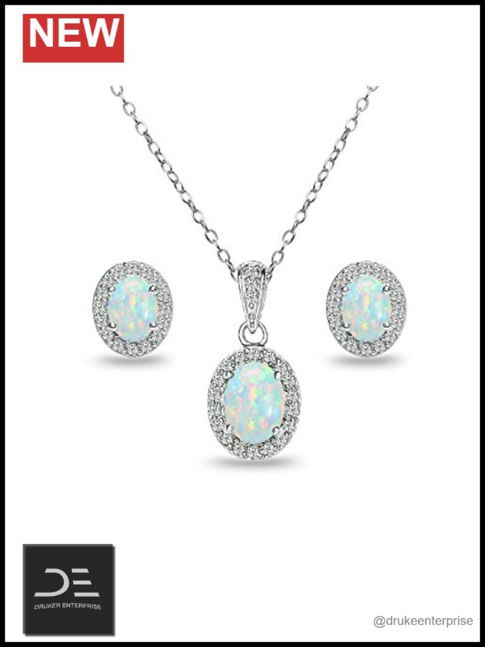 Sterling Silver Opal Halo Necklace Earrings Set Jewelry